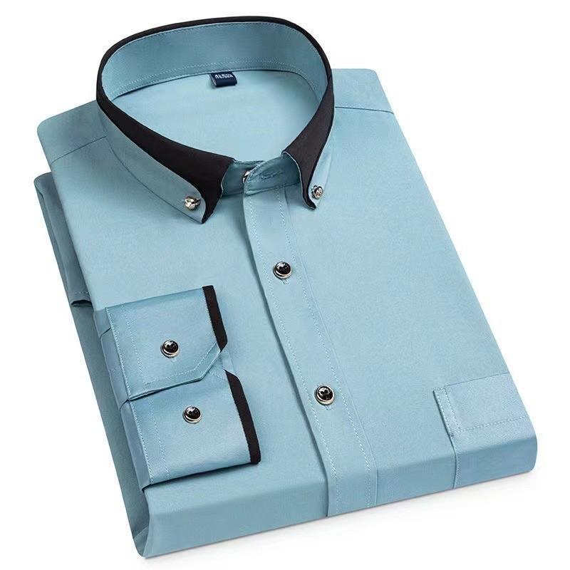 Men's Color-Block Collar Long Sleeve Dress Shirt with Crystal Buttons, Lapel Collar, Fashionable Business Casual Cardigan, Wrinkle-Free Stretch Shirt
