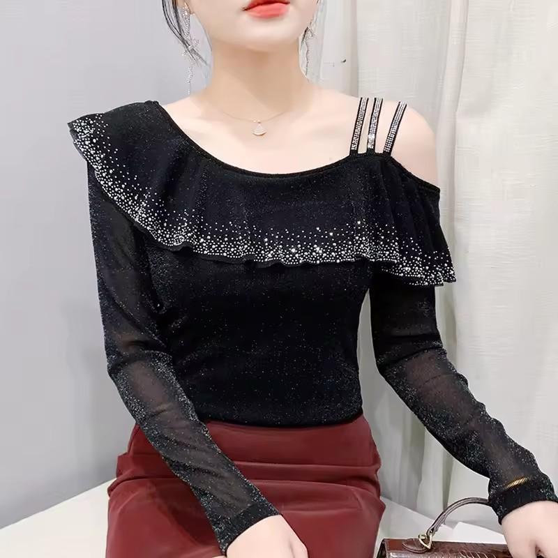 Spring Autumn Streetwear Spring Sexy Off Shoulder Women's T-Shirt Elegant Slim Design Tops Female Chic Ruffles Hot Diamonds Tees