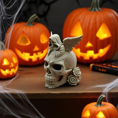 Yousheng Rose Skull Figurine Demon Angel Wing Skull Statue Sculpture Halloween Holiday Party Home Office Desktop Decoration Ornament