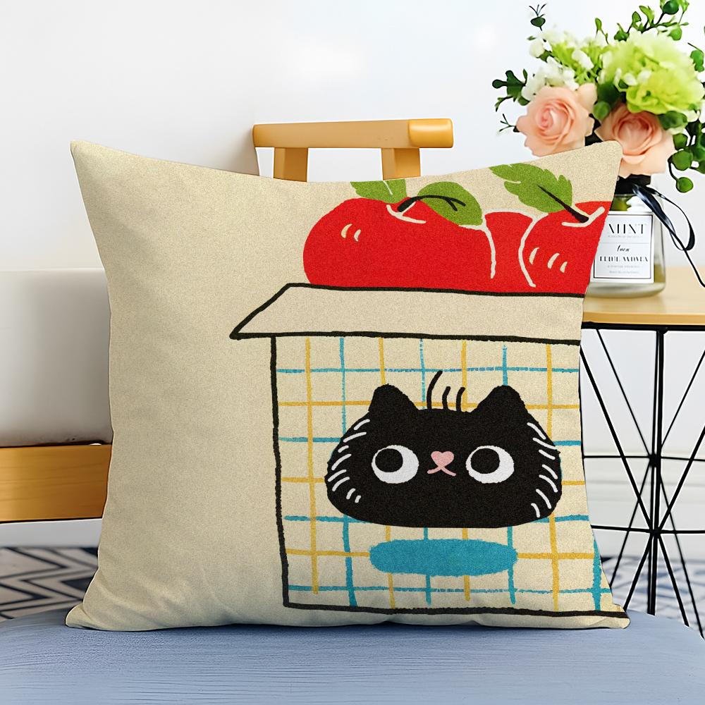 Cartoon handdrawn cat Cushion Cover Washable Linen comfort Soft for Sofa Bed Cozy Home Room Decor