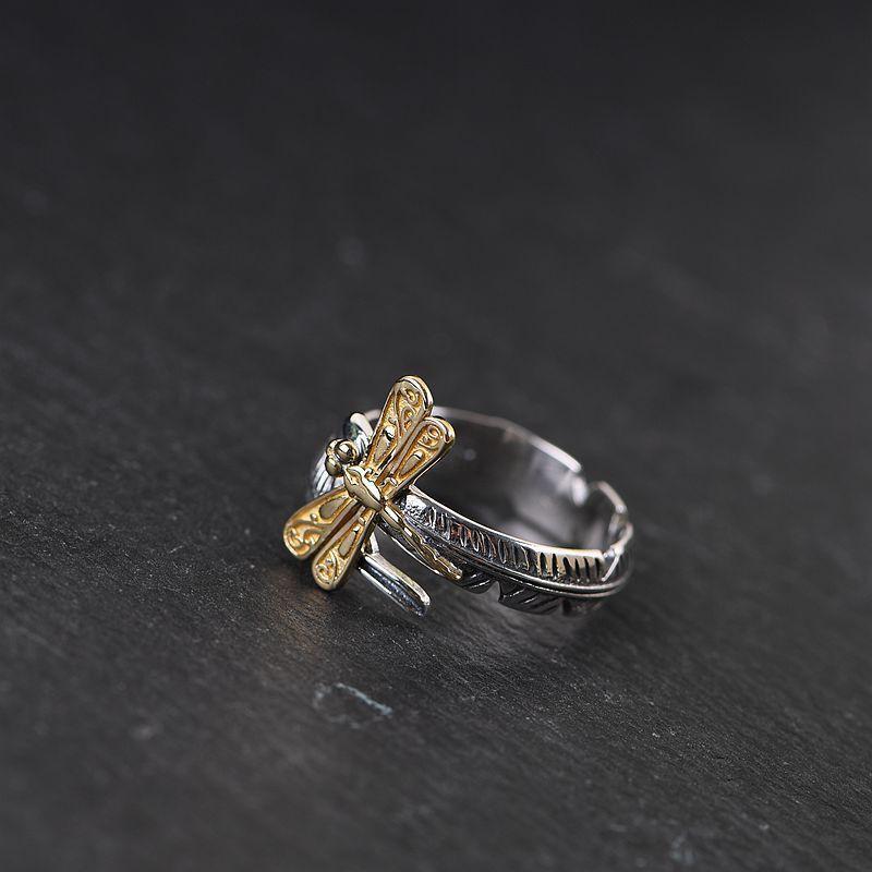Adjustable Open Ring Men Women Vintage Style Gold Plated Dragonfly Feather Design Statement Jewelry