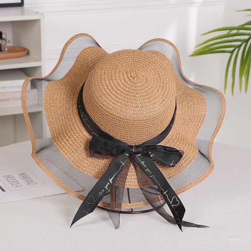 

2023 New Arrival Women s Voile Big Brim Beach Hat Butterfly Sun Protection Edge Ribbon Straw Hat Monochrome Dome Knot Net Wave Curry color One size
