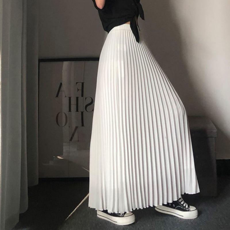 Bílá plisovaná midi sukně z šifonu s vysokým pasem - Délka ke kotníkům a zeštíhlující design