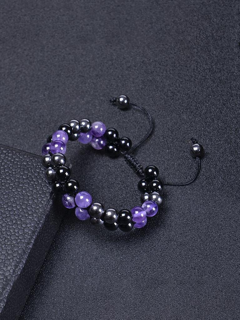 Natural Amethyst Obsidian Hematite Semi Precious Stone Beaded Bracelet Handwoven Adjustable Shamballa Style Jewelry for Women