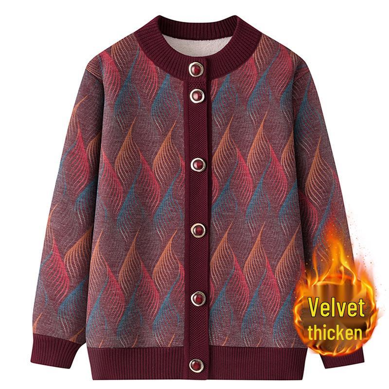 Women's Fleece-Lined Knitted Cardigan - Warm Autumn Winter Jacket for Elderly Ladies