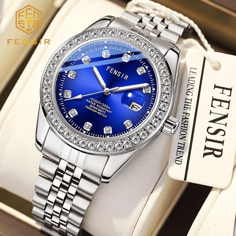 

FENSIR 2024 Full Diamond Steel Band Quartz Men s Luminous Waterproof Calendar Watch