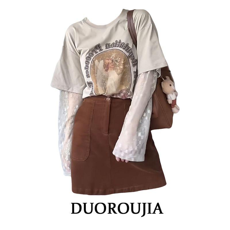 

Duor Plus size Lace Stitching Fake Two Pieces Long sleeves Shirt Women Autumn Chubby Girl round Neck Print Slimming Top Top XL