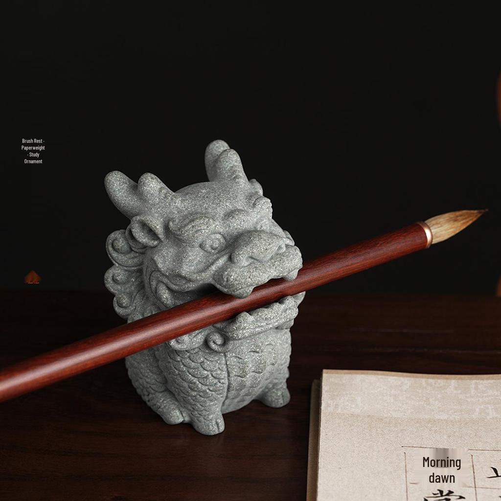 Qilin Green Sandstone Lion Statue Pen Holder Creative Desk Ornament