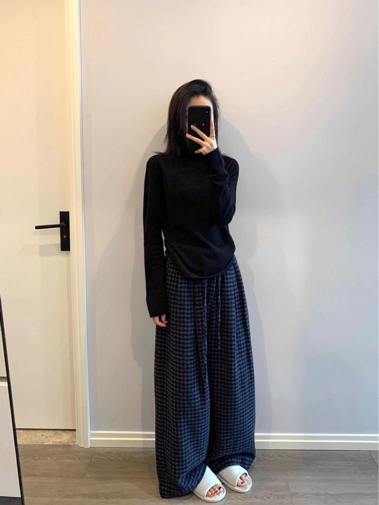 Plus Size Plaid Woolen Wide Leg Pants - Elastic Waist, Slimming, Hip Coverage, Women's Casual Straight Leg Long Pants