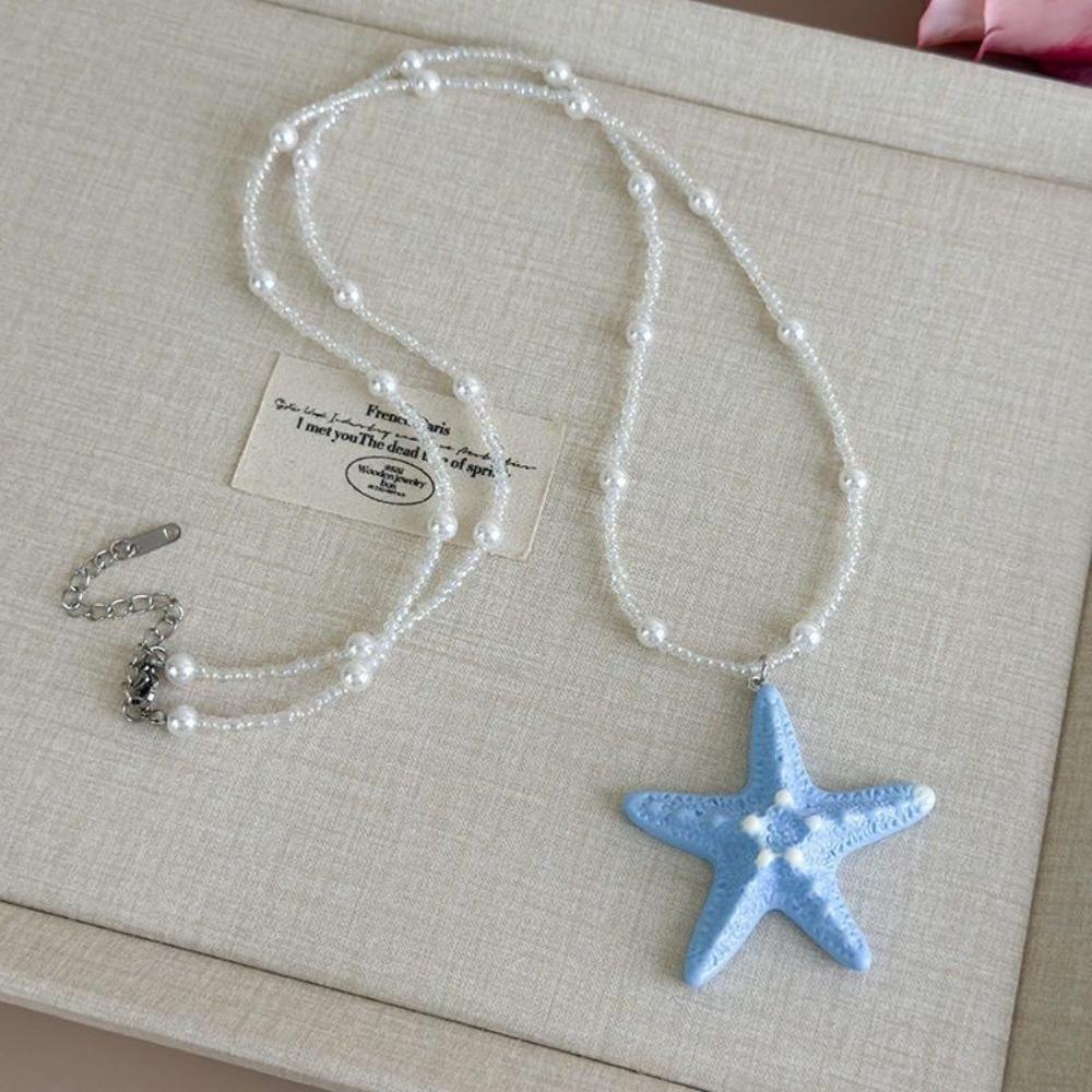 Coastal Style Beaded Necklace Starfish Pendant Beach Necklace Fashionable Pendant Beach Vacation
