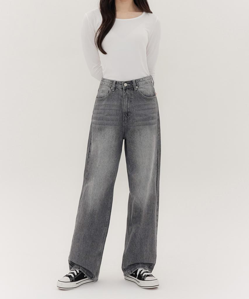 Akeusi Loose Washed Balloon Fit Wide Denim Pants Unisex (Black Wash)