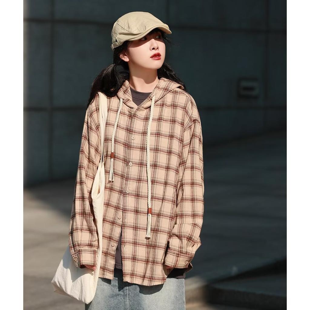 Hong Kong Style Japanese-Style Retro Plaid Hooded Shirt Men's Long-Sleeved Casual Jacket Spring and Autumn Students' Work Clothes Shirt Coat