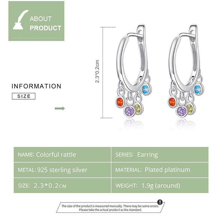 Bamoer Colored Rattle Ear Buckles 925 Sterling Silver Rainbow Zircon Pendant Drop Earrings for Women Plated Platinum Jewelry