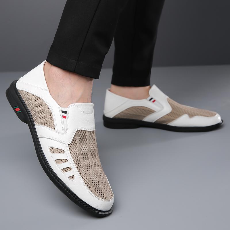 Breathable Cool Summer Mesh Leather Slip On Shoes Men Business Casual Soft Light Lazy Shoes Men Slip-On Hollow Out Loafers Shoes