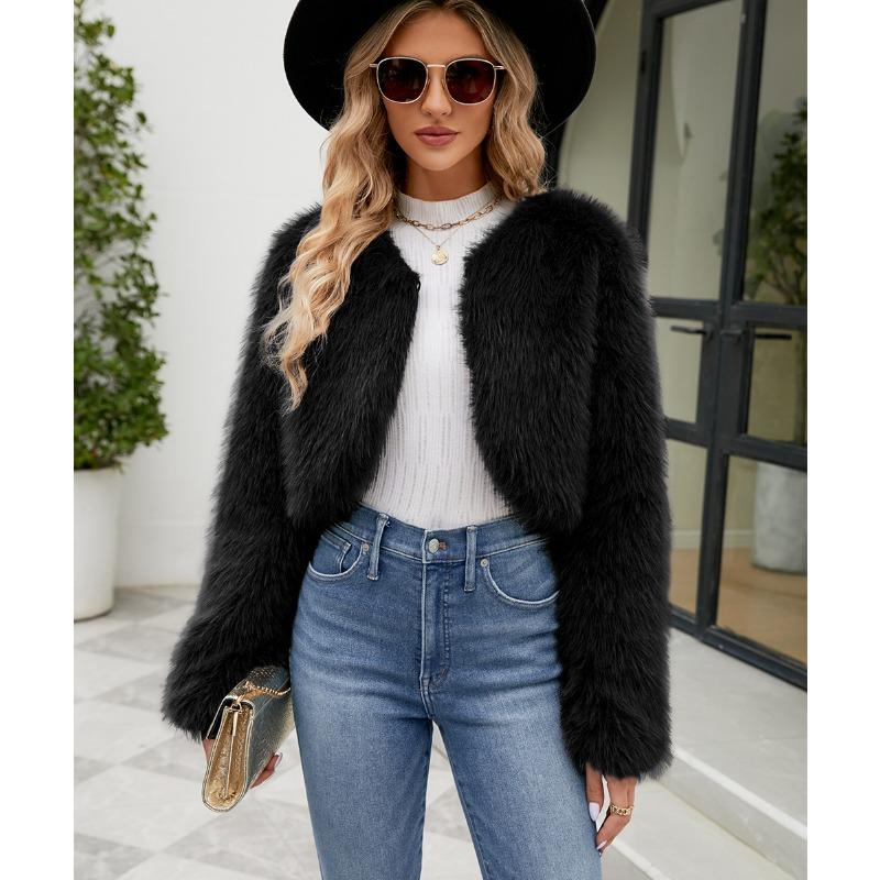 Womens Faux Fur Cropped Jacket Open Front Long Sleeve Winter Coat