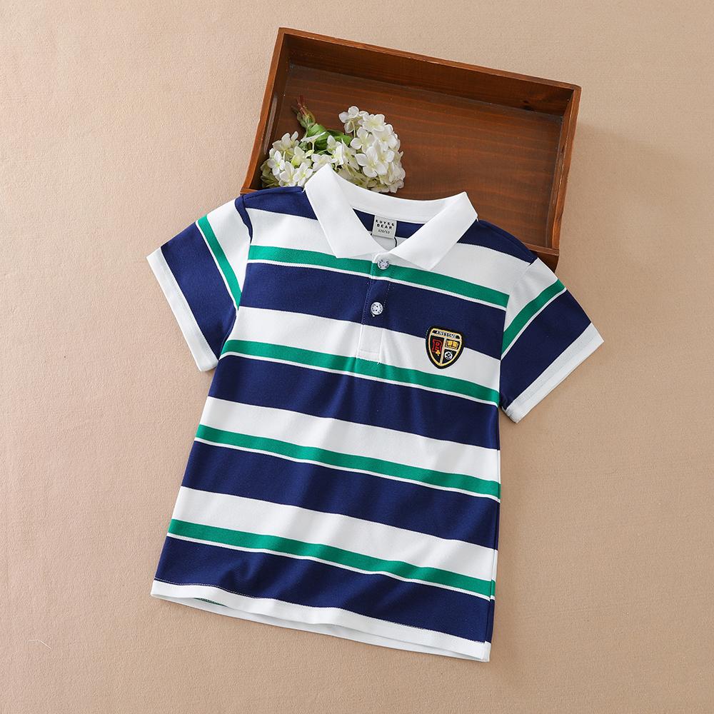 Polos Rayés pour Garçons 5-12 Ans Enfants Été Manches Courtes Col à Revers T-shirt Décontracté avec Badge Haut Uniforme Scolaire Enfant T-shirt