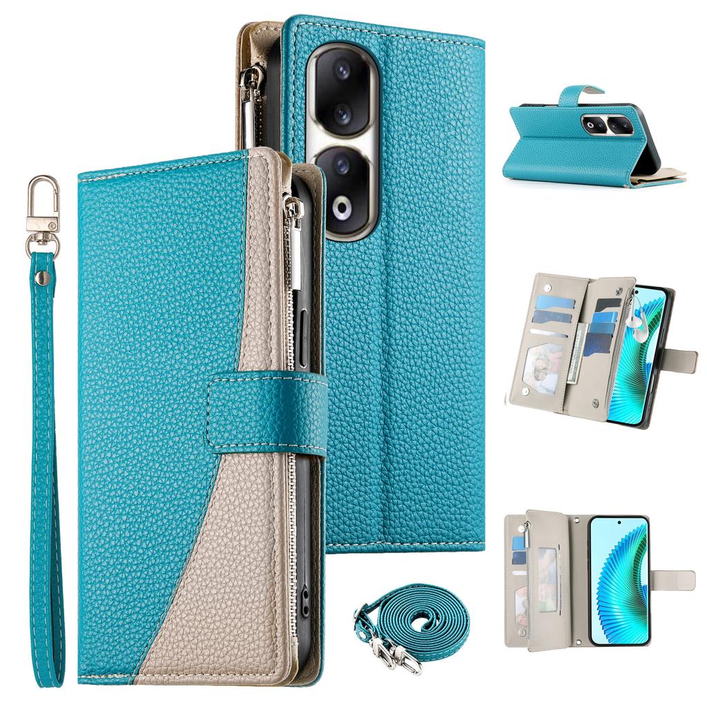 For Honor 90 Pro Case Zipper Wallet Color Splicing Leather Flip Phone Cover with Straps