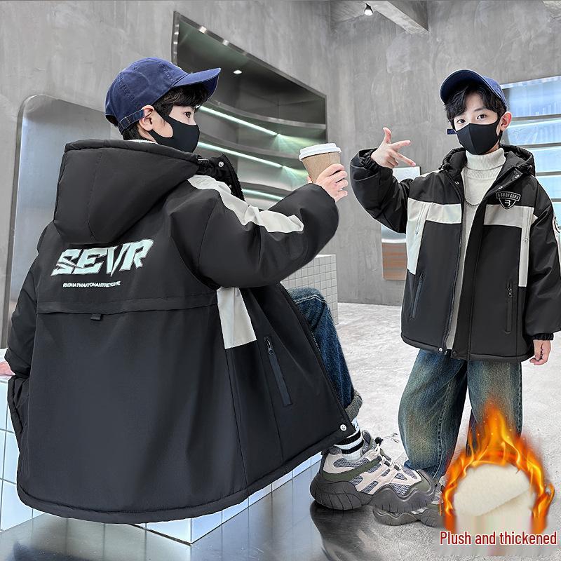 Jungen 2025 Winter Fleecegefütterte Baumwolljacke - Verdickter Parka für mittlere und große Kinder, trendige Workwear-Jacke