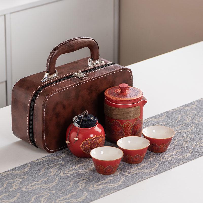 Ancient Charm Ceramic Travel Tea Set: Quick-Brew Pot with Three Cups for Outdoor Use - Customizable Logo Gift