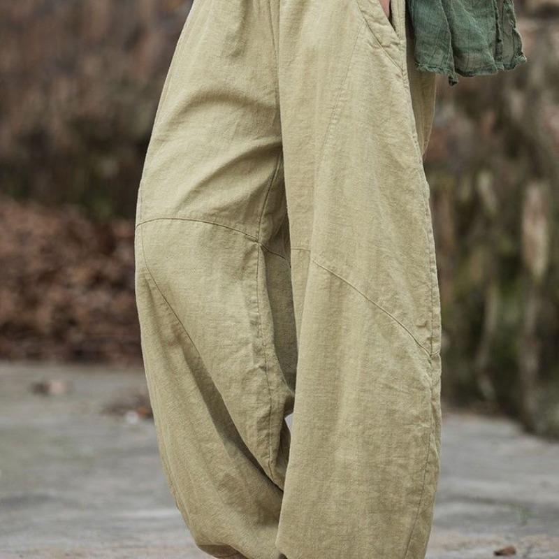 Elegant Women's Cotton Linen Baggy Cargo Y2k Pants Vintage Elastic Waist Trousers Loose Casual Long Wide Leg Oversize Clothes