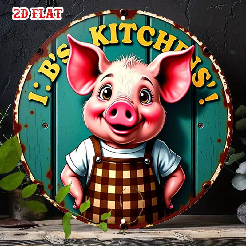 Funny Pig in Overalls Vintage Farmhouse Kitchen Decor D Flat Teal Green Aluminum Sign