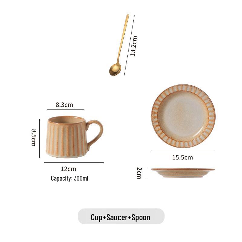 Retro Ceramic Vertical Stripe Mug & Saucer Set with Spoon