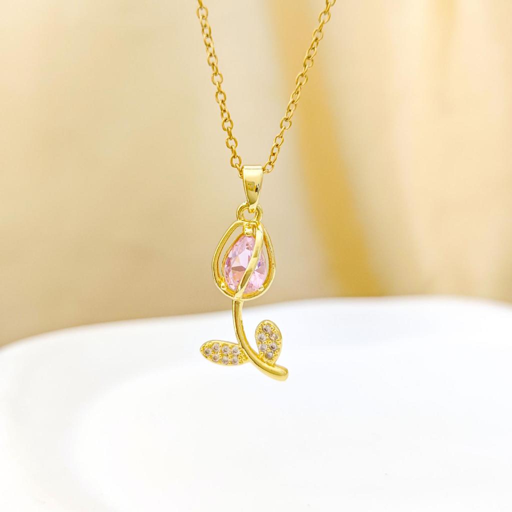 Copper Zirconia Tulip Pendant Necklace - Light Luxury Women's Clavicle Chain
