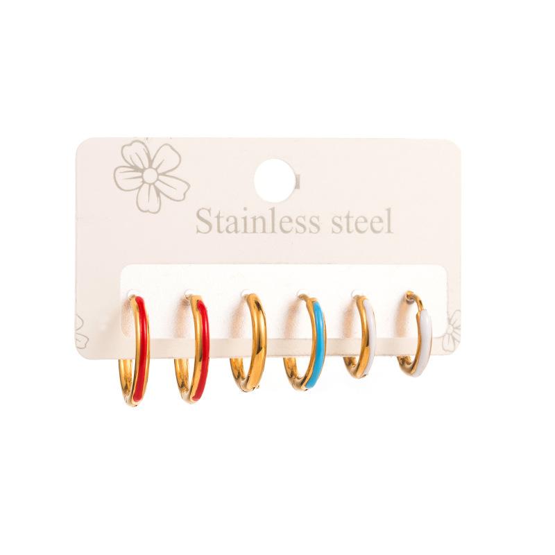 Women Simple Hoop Earrings Six-piece Set Stainless Titanium Steel Drip Oil Circle Gold Color Geometric Ear Ornaments