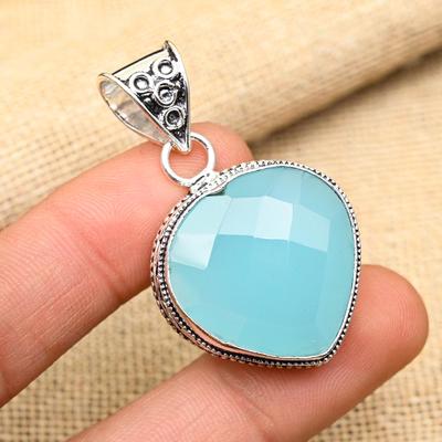 Blauwe Chalcedoon Edelsteen Handgemaakt 925 Massief Sterling Zilveren Sieraden Hanger Voor Haar