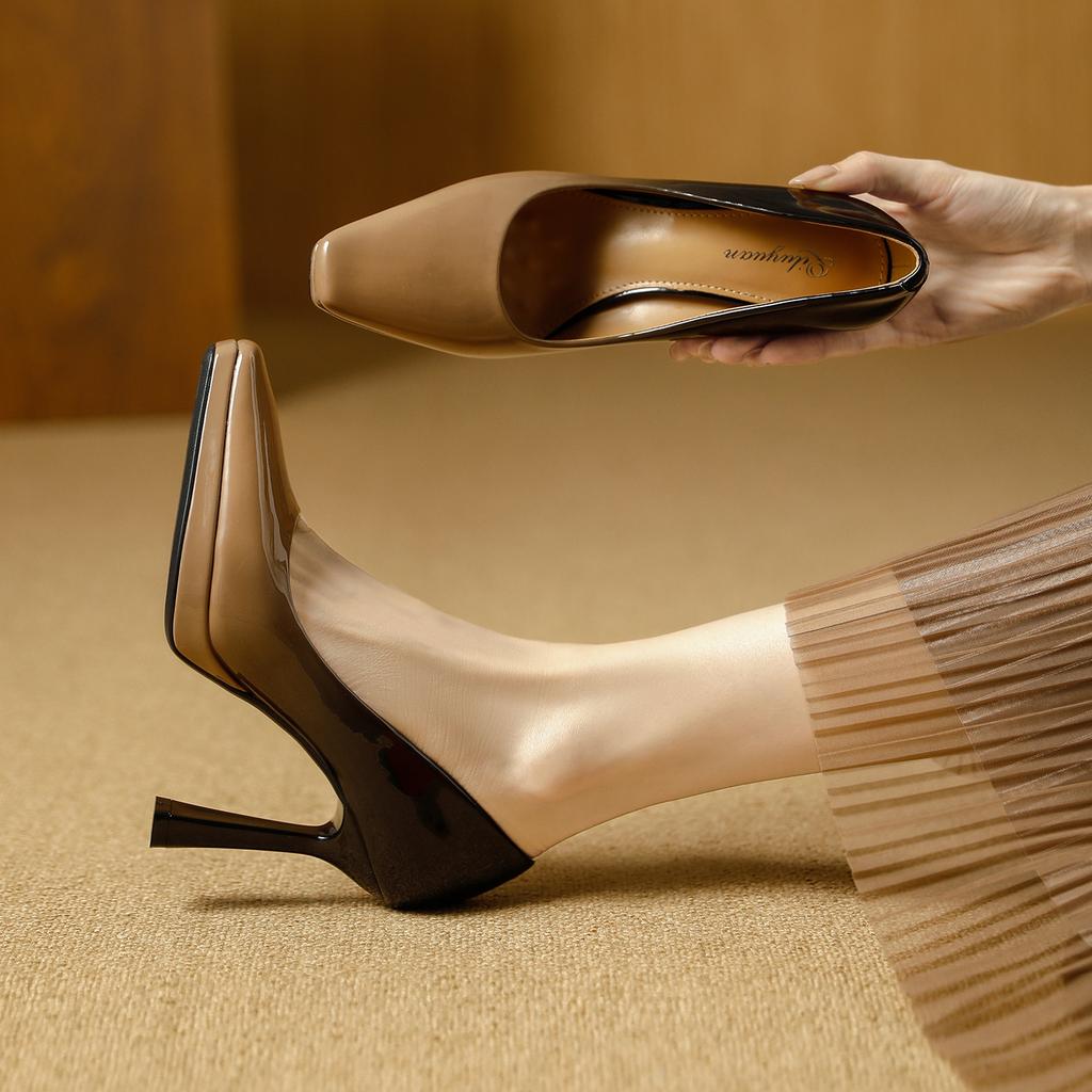 European and American banquet waterproof table high heels 2026 spring and autumn patent leather color matching square head thin heel light mouth
