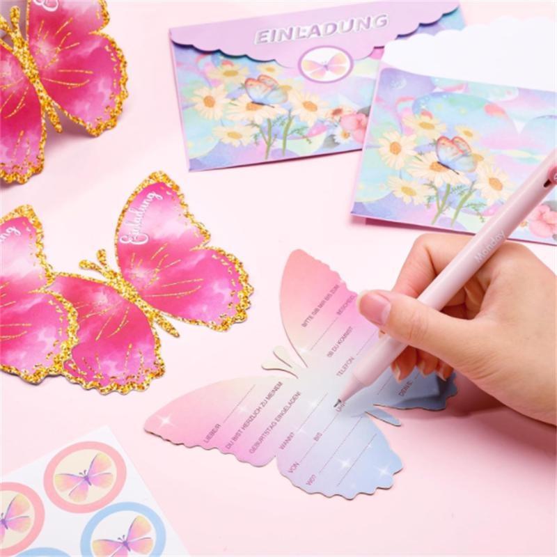 

Schmetterling Einladungsbrief für Kindergeburtstag, 12 Einladungsbriefe für Mädchen und Jungen Geburtstag, Umschlag, Siegelstreifen 12 invitation cards and 12 envelopes