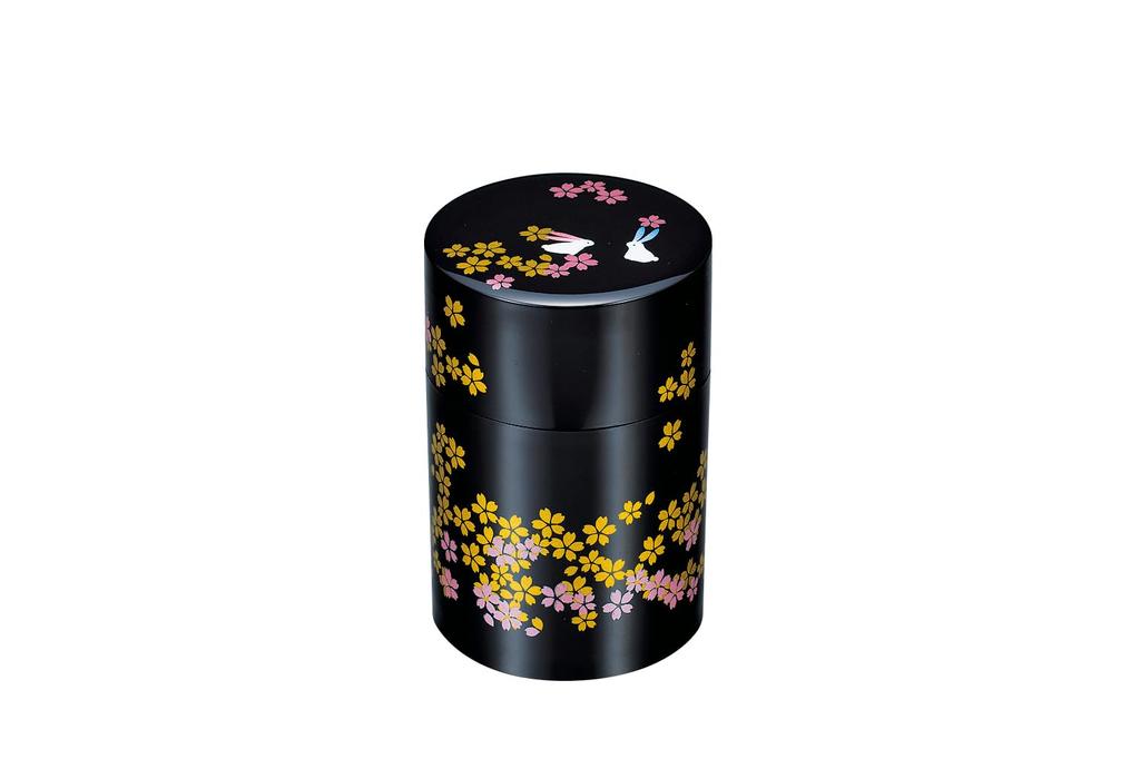 Nakatani Brothers Company Yamanaka Lacquerware Tea Caddy (with Inner Lid) Black with Cherry Blossom Design 37-3411