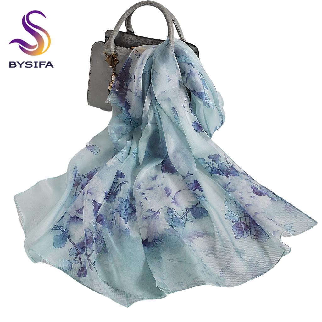 [BYSIFA] Women Chiffon Pure Silk Scarf Cherry Blossom Floral Design Long 100% Silk Shawl Scarf Purple Pink Silk Scarves Echarpes