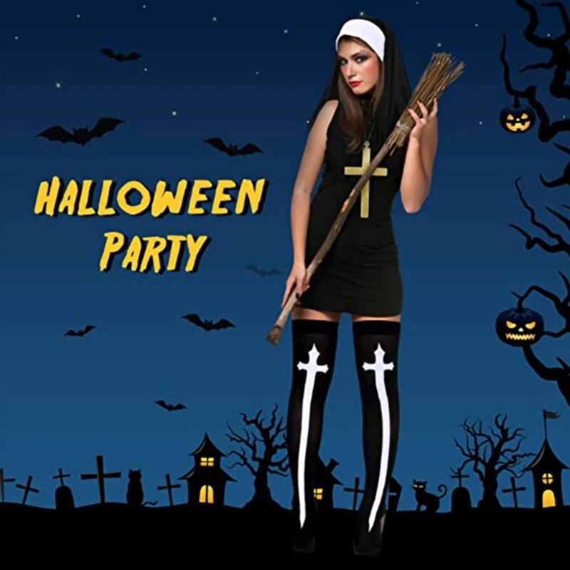 Nonnenkostüm mit Kreuzanhänger-Halskette Nonnenhut Halloween Cosplay Partykostüm