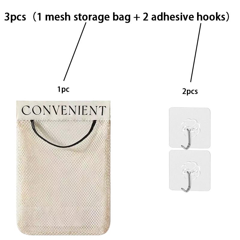 3Pcs Kitchen Hanging Mesh Storage Bag with 2 Adhesive Hooks, Large Capacity Wall-Mounted Organizer for Utensils, Groceries & Plastic Bags
