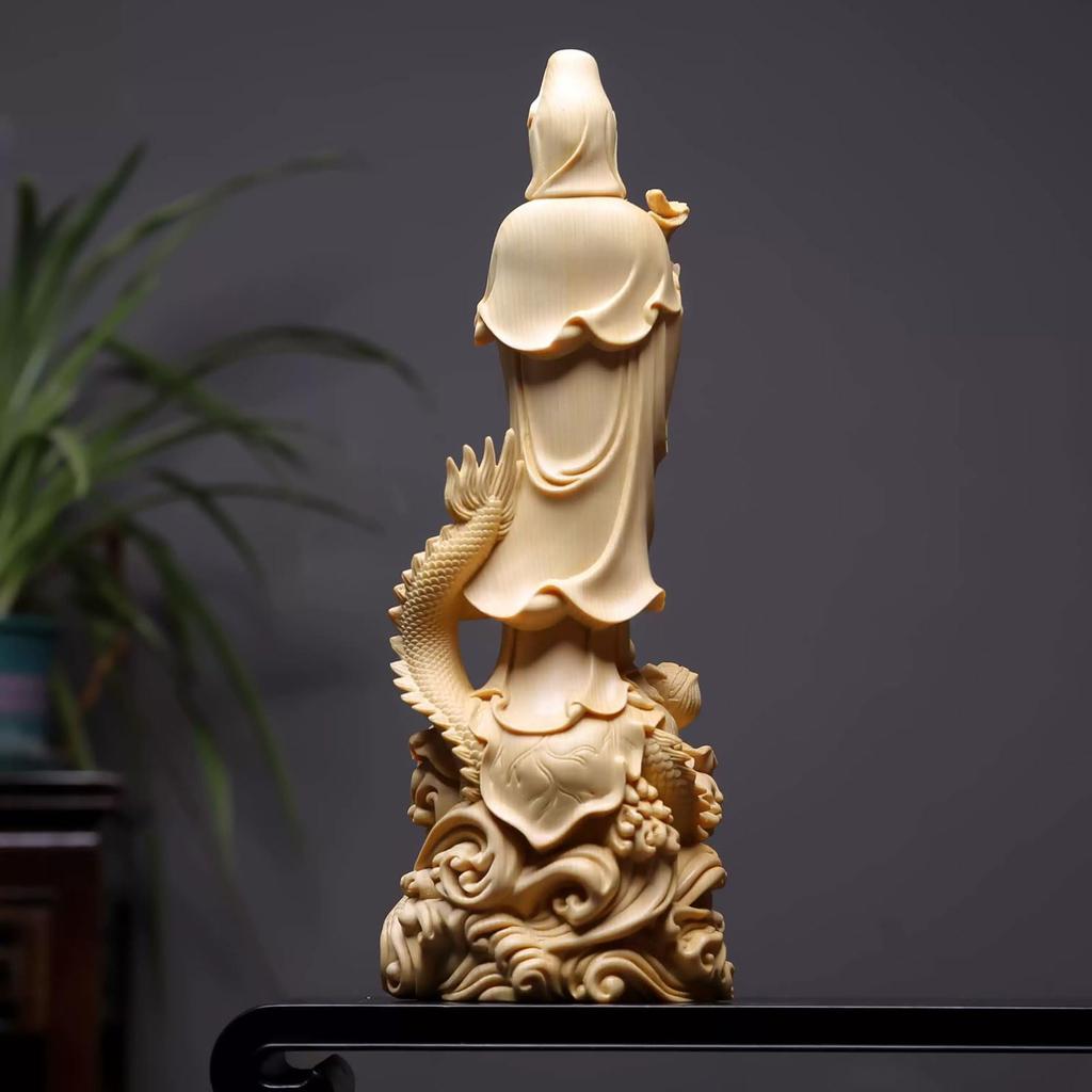 Wooden Buddha Statue [Kannon Statue, Dragon-Riding Kannon, Dragon Kannon] 30cm, Made of High-Quality Cypress Wood, Good Fortune, Protection from Evil,