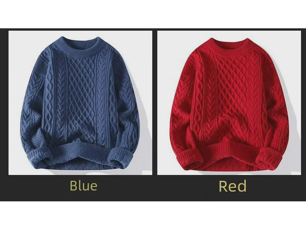 Men's Winter Cable Knit Sweater: Casual, Solid Color, Light Mature Style, Round Neck Pullover.