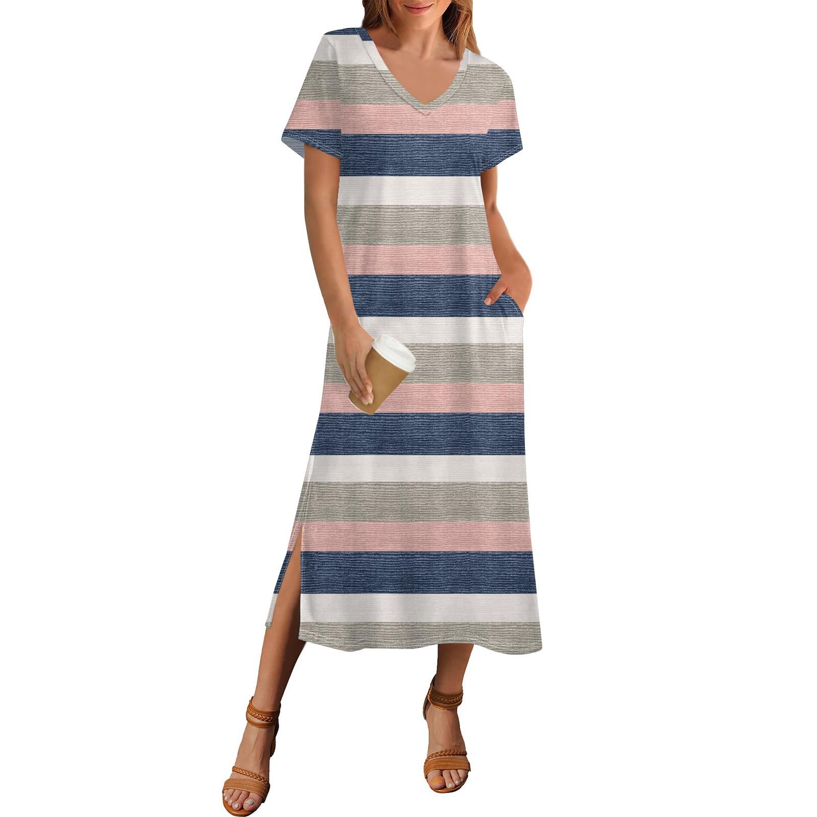 Women s Summer Striped Print Dress Short Sleeve Beach Dress With Pocket Casual V-neck Hem Side Slit Dress M
