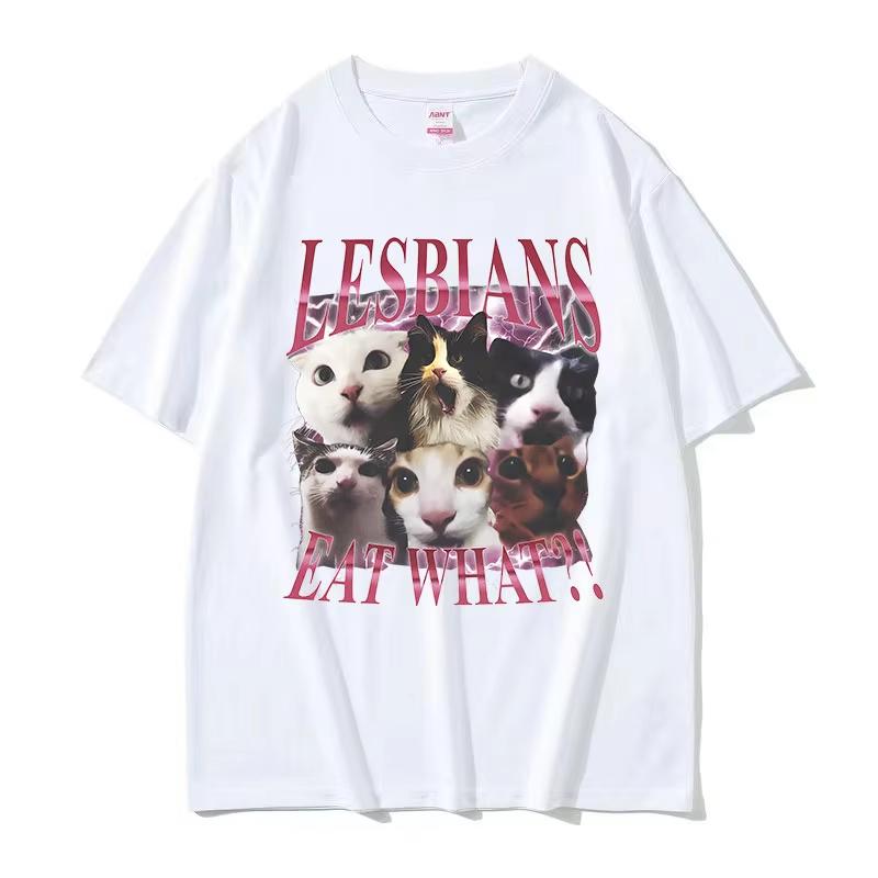 ¿Qué comen las lesbianas? Camisetas Divertidas de Gatos para Hombres y Mujeres Verano Alta Calidad Camiseta Oversize Vintage 100% Algodón Camiseta Streetwear