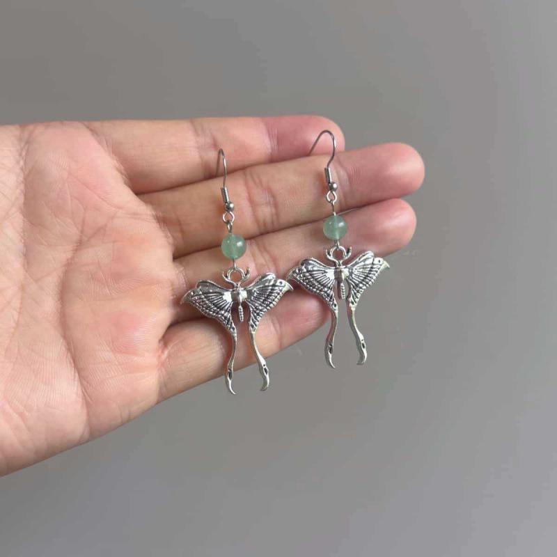 Bohemian Gothic Retro Ancient Silver Jade Moth Earrings Gift