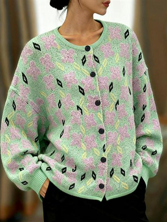 Women's Soft Floral Knit Cardigan - Spring/Autumn 2025: Elegant Long Sleeve, Round Neck Design