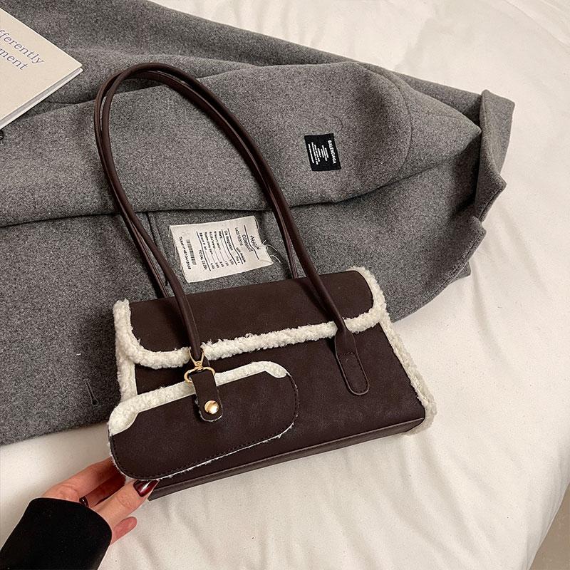 Lammwolle gespleißt Wildleder lange Handtasche Achsel kleine quadratische Tasche Retro PU Pendler Arbeit Umhängetasche