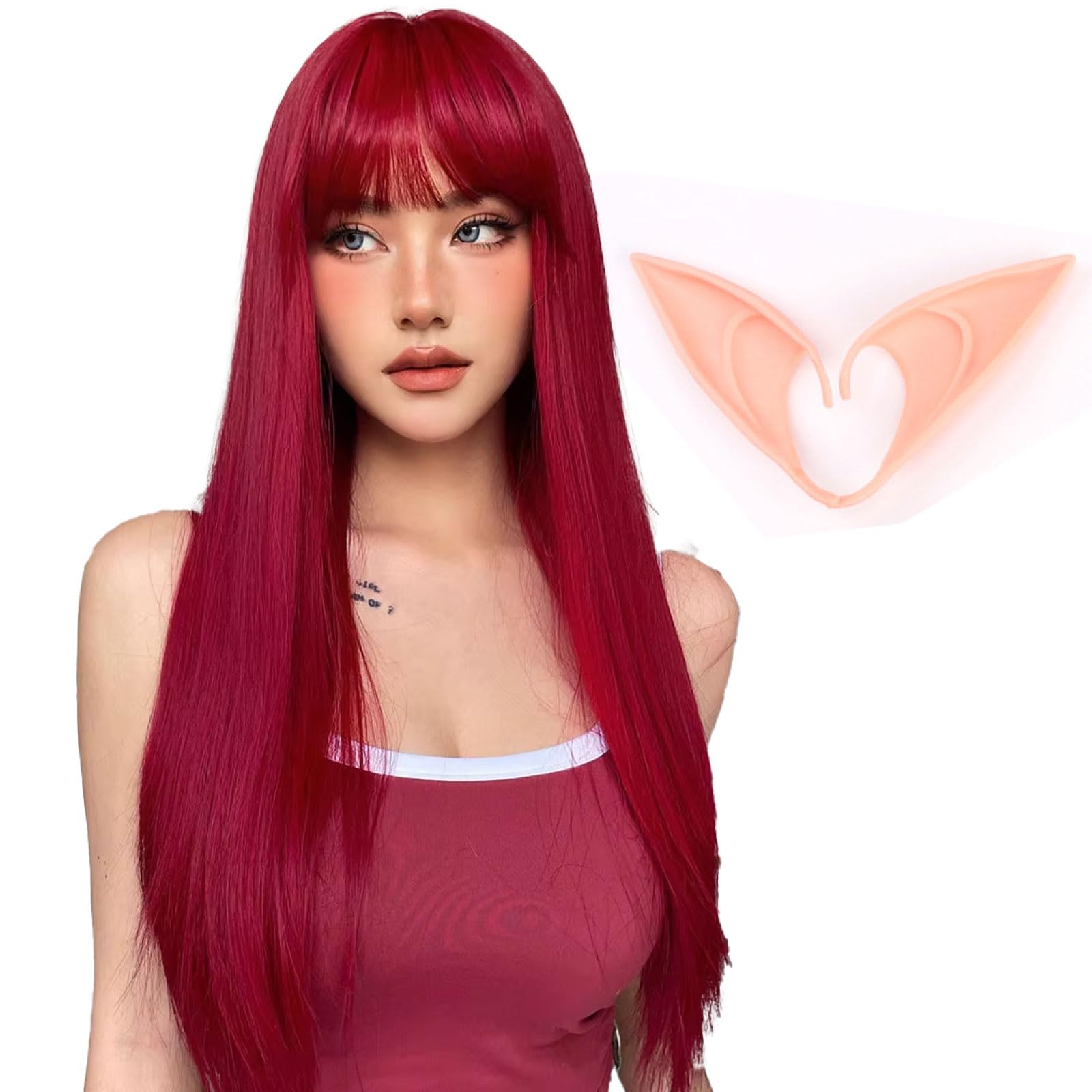 

MORYTRADE Парик Набор Эльфийские Уши Косплей Длинный Прямой Парик Костюм Хэллоуин Красный 3 предмета