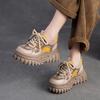 Autumn and Winter New Top Cowhide Thick Sole Color Blocked Casual Shoes for Women, Lightweight Lace Up Sponge Cake and Dad Shoes