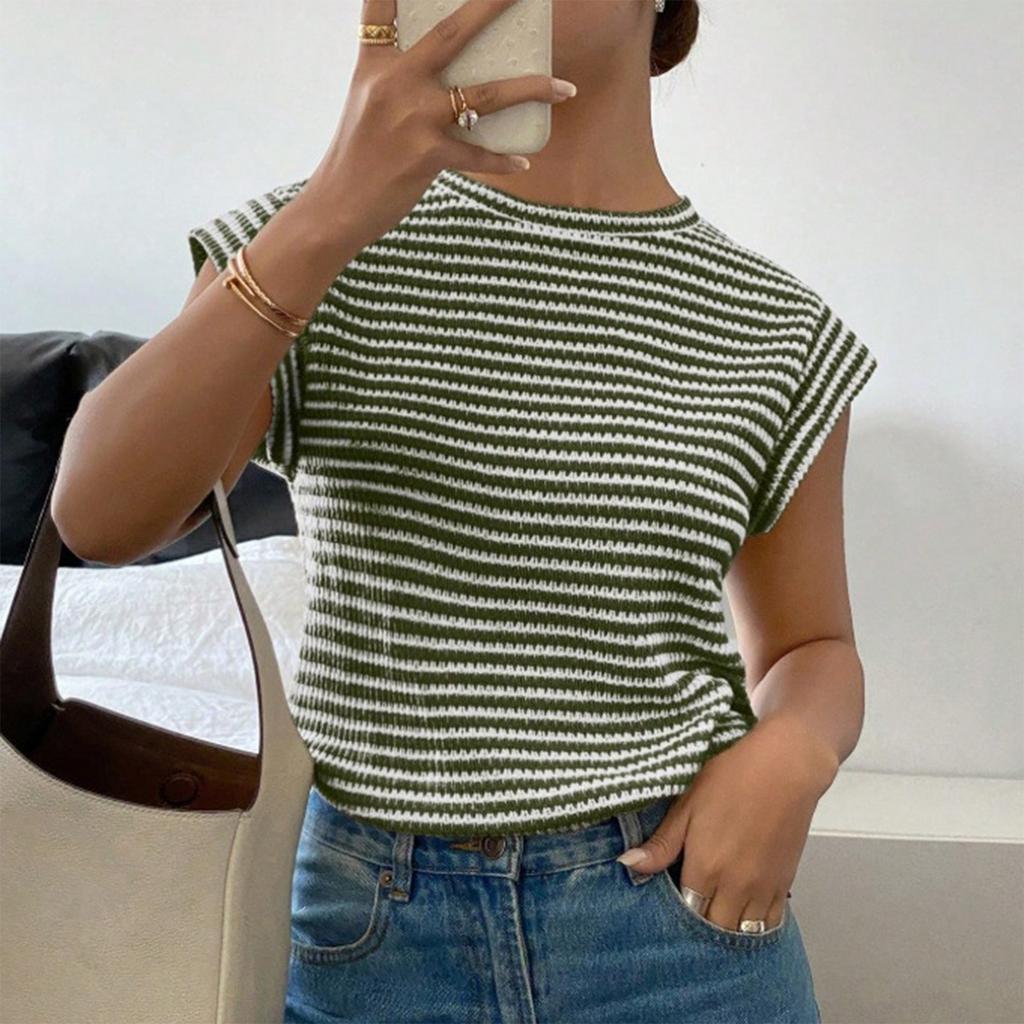 Women's Fashion Striped Round Neck Knitted Short Sleeved Pullover T-shirt Top