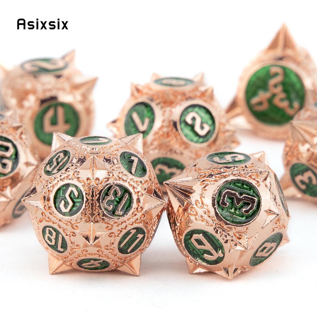 7 Pcs Copper Green Meteor Hammer Metal Dice Solid Metal Polyhedral Dice Set Suitable For Role-Playing Dice PropBoard Game Gift