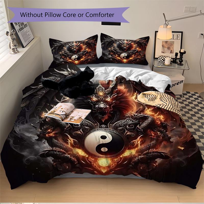 3pcs Yin Yang Dragon Printed Bedding Set, Soft and Comfortable Quilt Cover for Bedroom, Guest Room