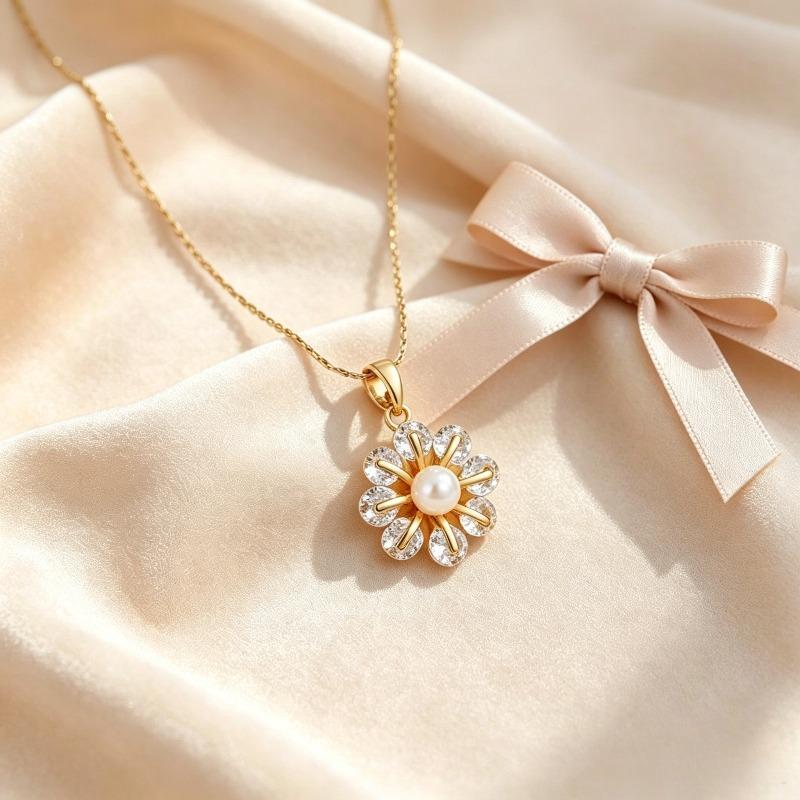 A gold-colored imitation pearl flower pendant necklace, gentle, sweet, and exquisite, a trendy and delicate accessory for women Dating, gift giving,