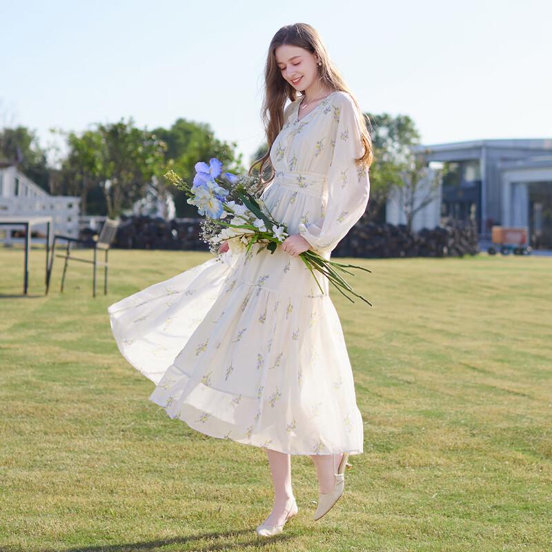 Women's French Floral V-Neck A-Line Midi Dress