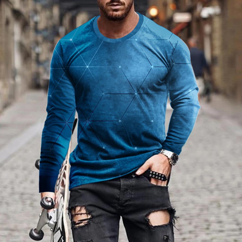 Vintage Enkel Enfärgad 3d-tryck Sommar Herr Rundhals T-shirt Ledig Långärmad Oversize Pullover Mode Herrkläder